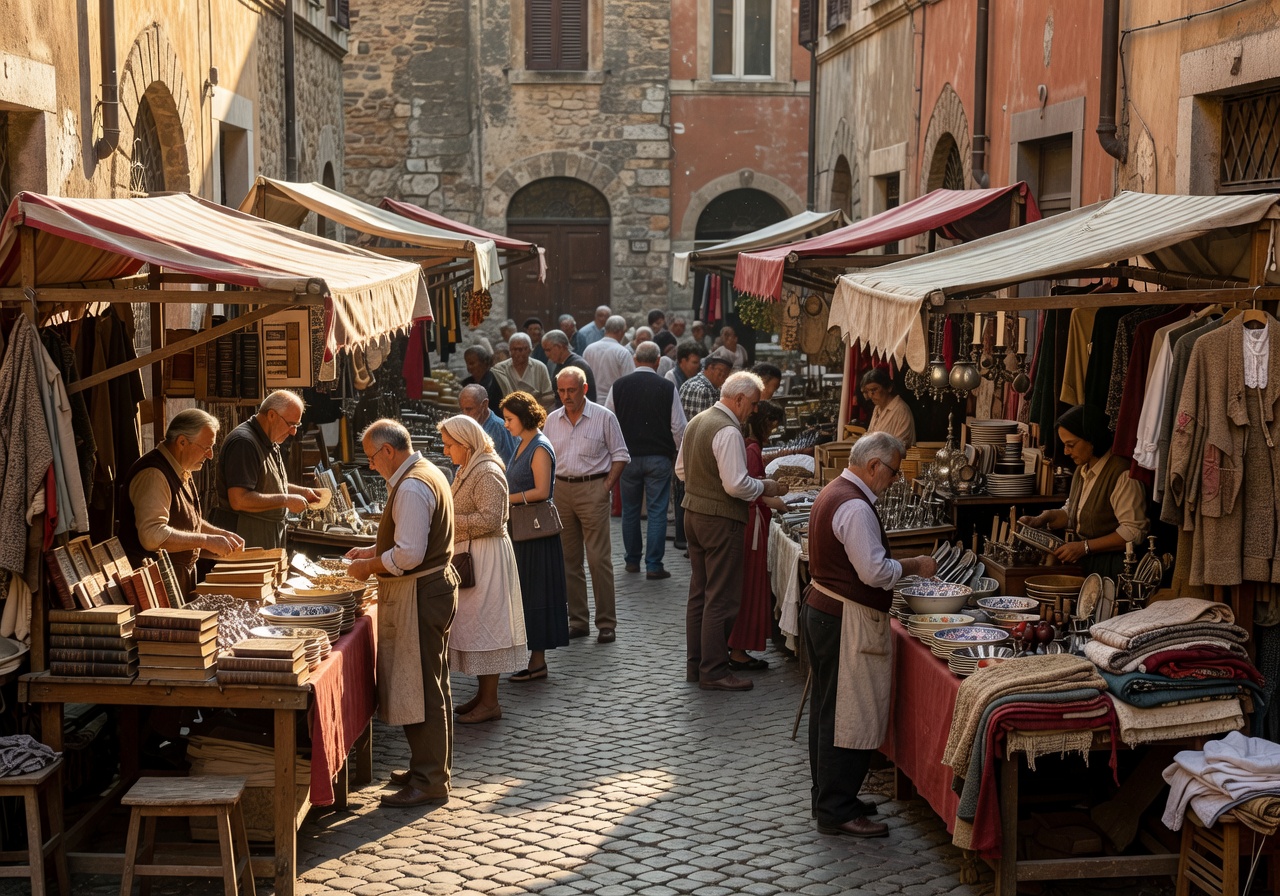 Mercato vintage italiano con bancarelle storiche